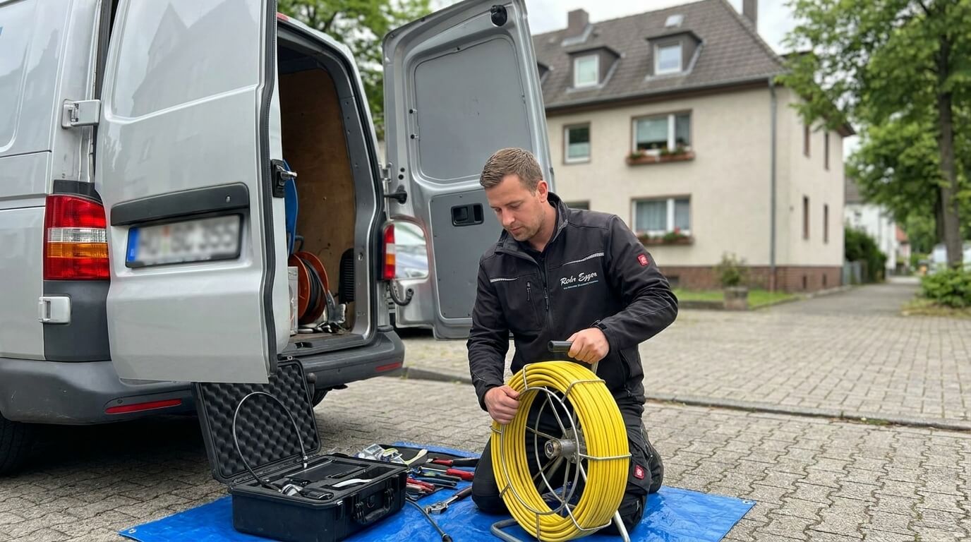 Techniker von Rohr Egger bei einer Rohrreinigung vor einem Wohnhaus